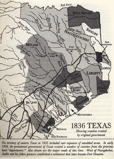 Map of 1836 Texas Map from the book, Taming Texas, by Stephen L. Moore