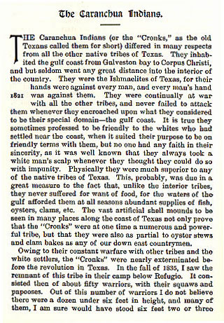 The Caranchua Indians story from the book Indian Depredations in Texas by J. W. Wilbarger