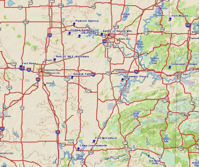 Map of Mid East Oklahoma Historical Markers