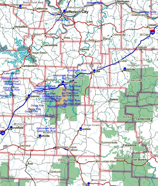 Map of South Central Missouri Historical Markers